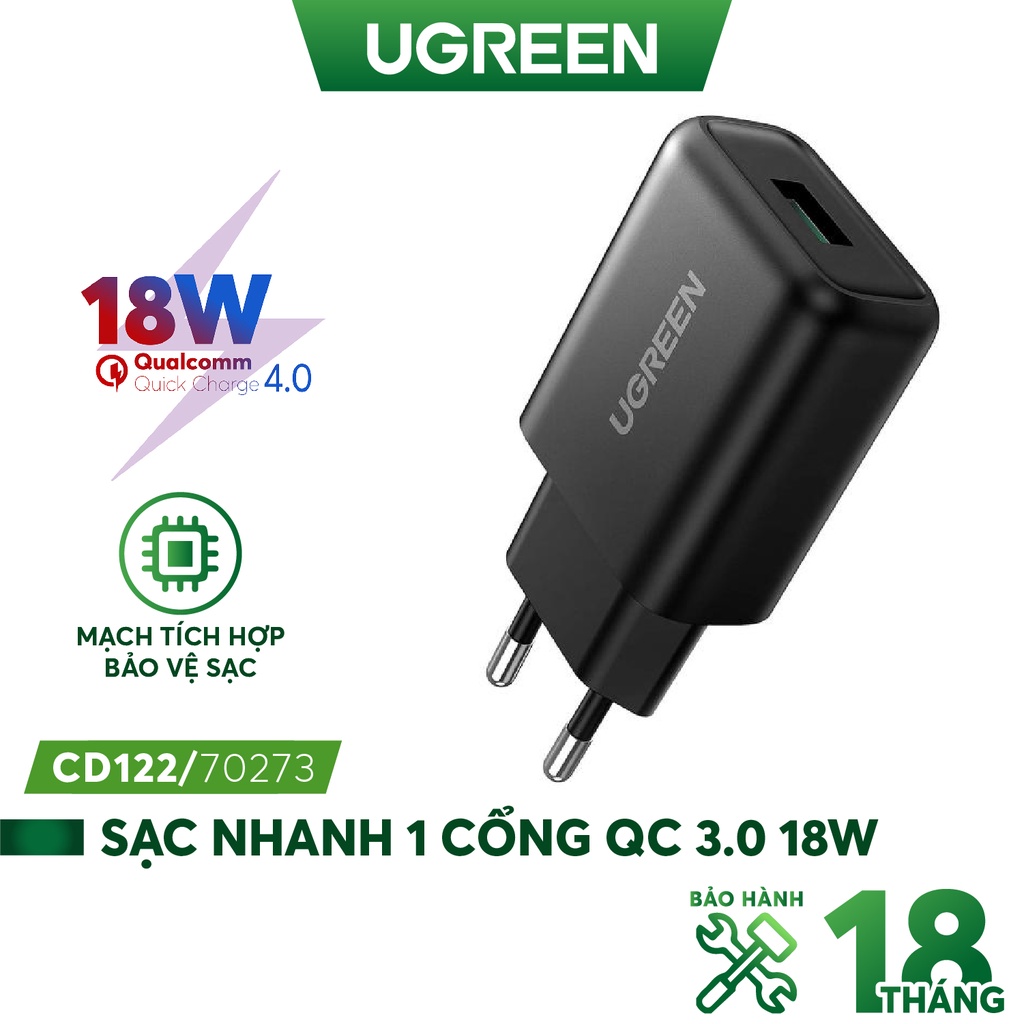 Sạc nhanh 1 cổng USB-A UGREEN CD122 - Hỗ trợ Qualcomm Quick Charge 3.0 công suất 18W