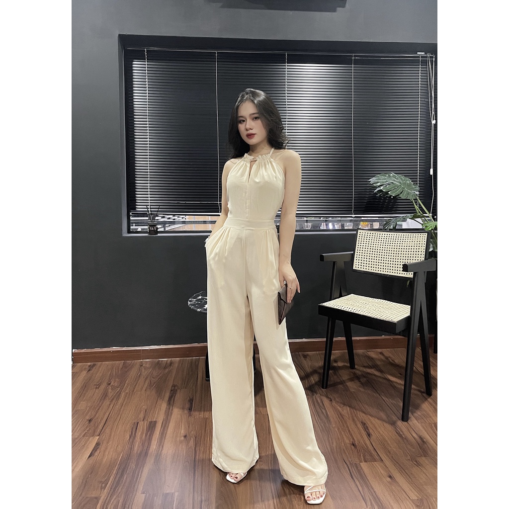 Bộ Jumpsuit áo bóp eo quần suông có túi tôn dáng, Sét áo liền quần nữ dài vải linen mềm mát không nhăn hàng sẵn màu kem