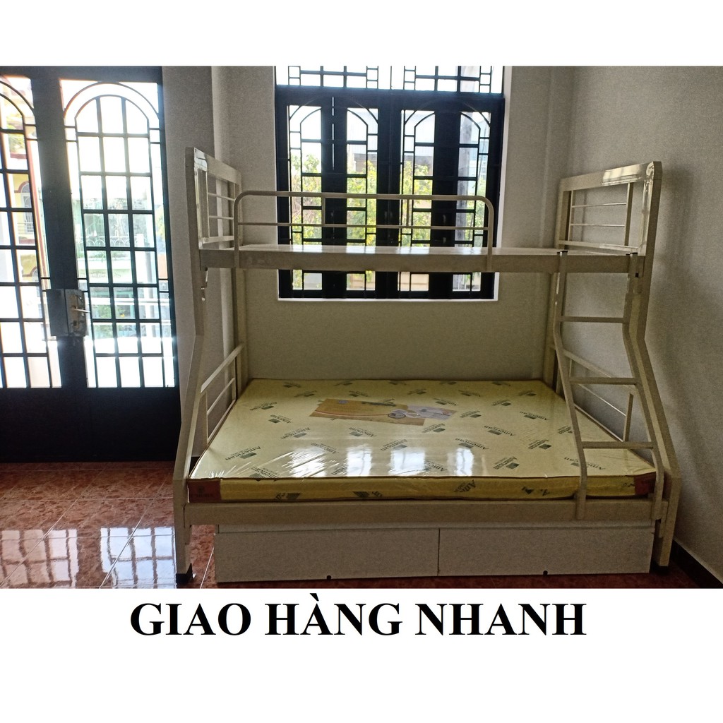 giường tầng sắt dày dặn trên 1m6 dưới 1m8, có bảo hành