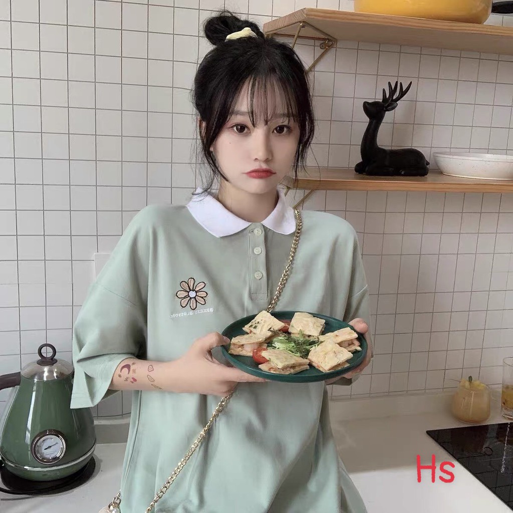 Áo Phông Polo Nữ Thêu Hoa Cúc 🦋FREESHIP🦋 Áo Thun Cotton Cổ Bẻ Cúc Cài 2 Màu | BigBuy360 - bigbuy360.vn