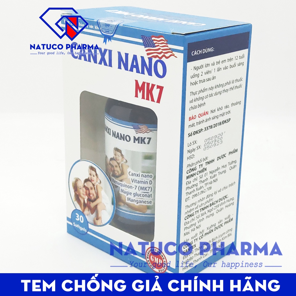 Canxi Nano MK7 Viên uống canxi giúp phát triển hệ xương, răng chắc khỏe, giảm loãng xương, tăng chiều cao - Hộp 30 viên