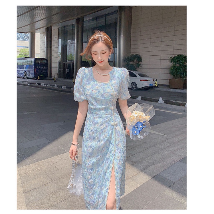 Đầm Tay Ngắn Màu Xanh Dương In Hoa Thời Trang Mùa Hè Phong Cách Pháp Hiện Đại Mới Cho Nữ | BigBuy360 - bigbuy360.vn