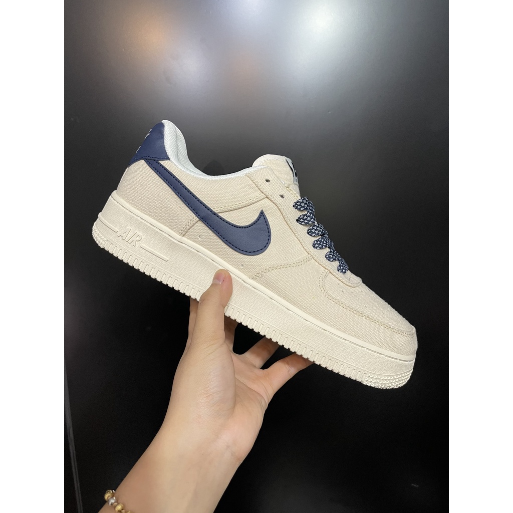 Giày AF1 B.eige deep blue vải G.a.i D.ầ.u phiên bản cao cấp. AF1 kem vạch xanh than.