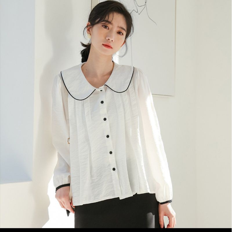 áo sơ mi cổ sen viền đen vintage ảnh thật
