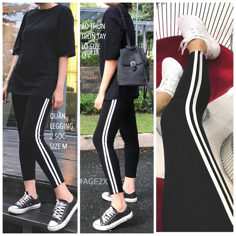 Quần legging nữ cạp cao lưng thun thể thao 2 sọc - 740