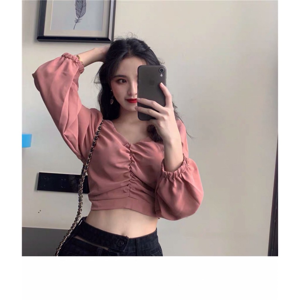 Áo kiểu nữ tay dài croptop nhúng ngực gb