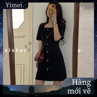 Cute Korean Style Square Neck Black Dress