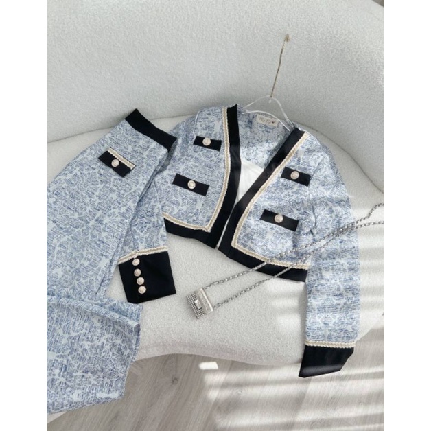 SET DẠ 3 MÓN ÁO KHOÁC CROP TAY DÀI + ÁO CROP 2 DÂY TRẮNG KÈM QUẦN SUÔNG DÀI