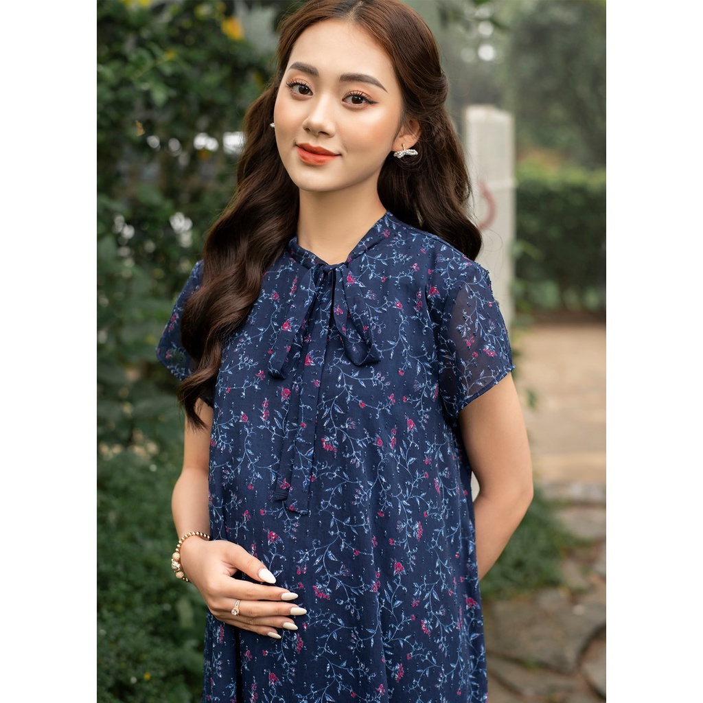Váy Bầu Mùa Hè Hoa Nhí Buộc Nơ Chất Liệu Tơ Hàn Quốc Mềm Mát Đủ Size Cho Mẹ Bầu Và Sau SinhTừ 47-85kg BELLA MAMA - D25