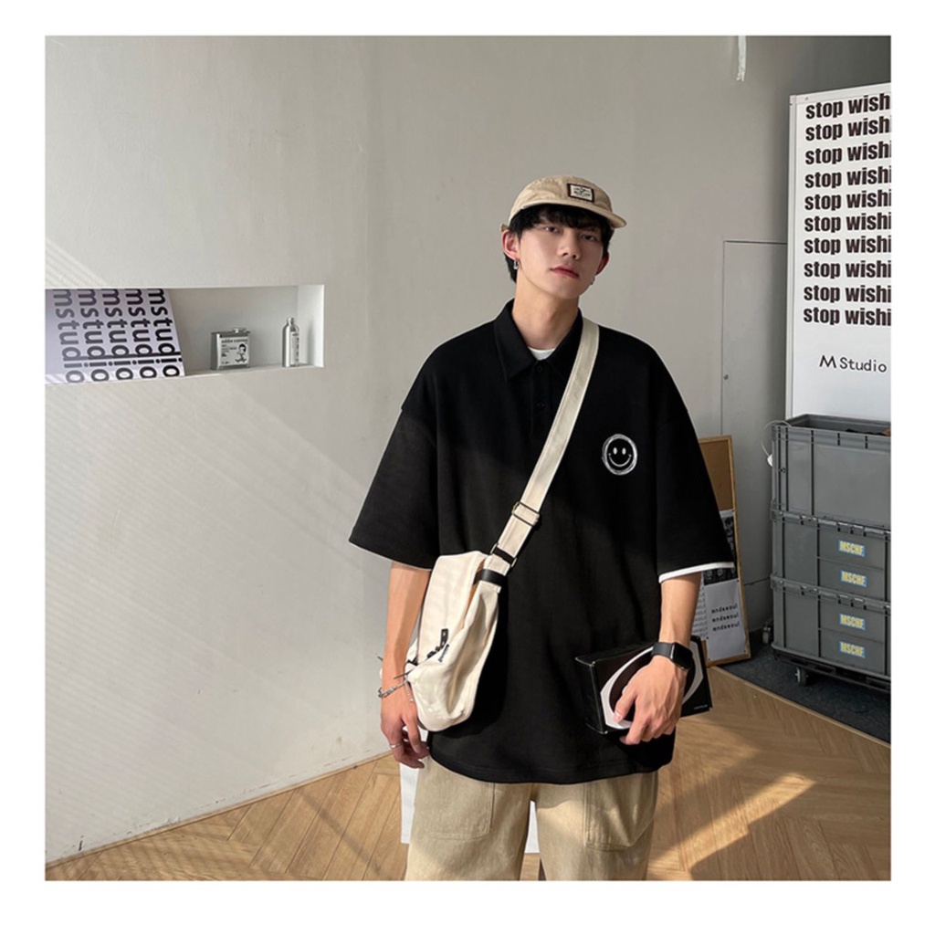 Áo Polo tay lỡ, form Oversize, hoạ tiết hình mặt cười, phong cách trẻ trung năng động Nice Clothes