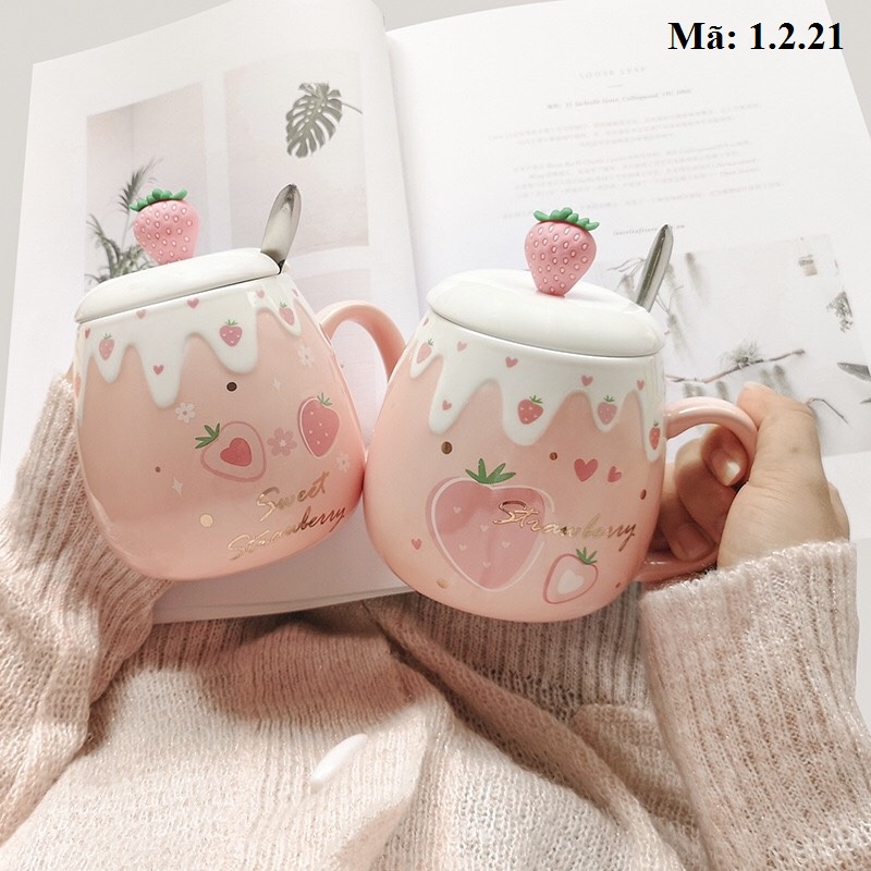 Cốc sứ dâu tây tan chảy kèm thìa xinh xắn, ly tách uống nước 1.2.21
