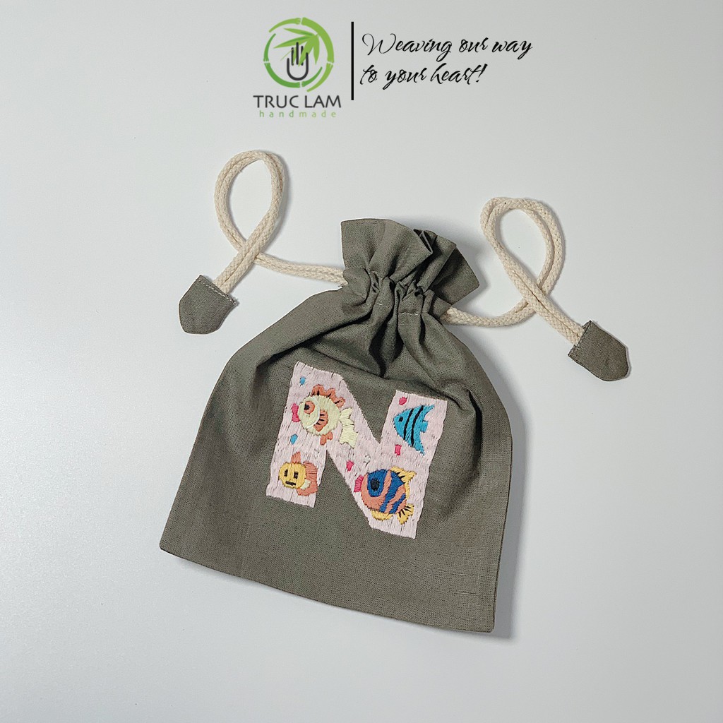 Túi Dây Rút Thêu Tay Họa Tiết Chữ Cái N Phối Hoa Văn Nhiều Màu Sắc - Trúc Lâm Handmade