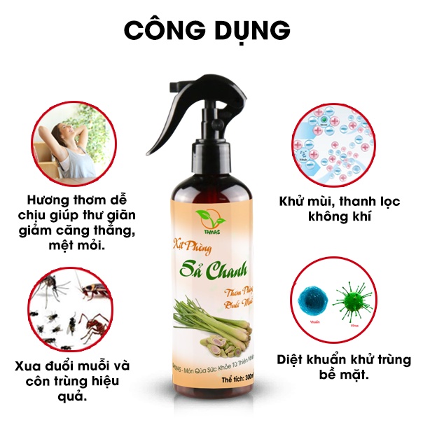 Xịt phòng Sả chanh chai 300ml TAMAS, được chiết xuất từ tinh dầu thiên nhiên, an toàn, thơm phòng, khử mùi, kháng khuẩn.