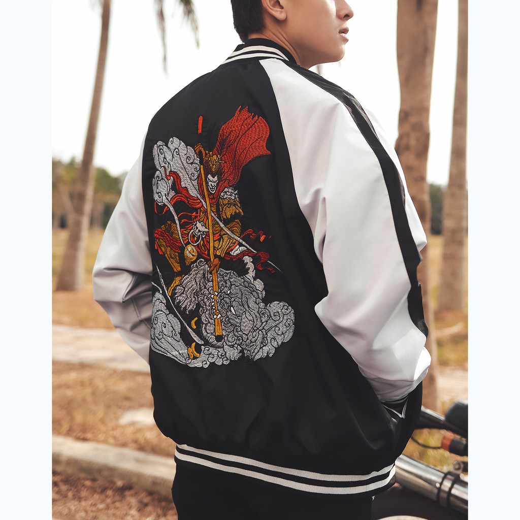 Áo Khoác Jacket Sun Wukong Sukajan Chất Liệu Parachute Fabric Vải Dù Màu Trắng Đen