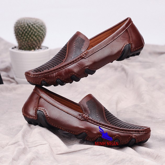 Giày rọ nam da bò cao cấp đẹp mẫu mới nguyên tấm Slipons đế khâu mùa hè đục lỗ thoáng khí Men’s Summer Shoes H-8 màu nâu