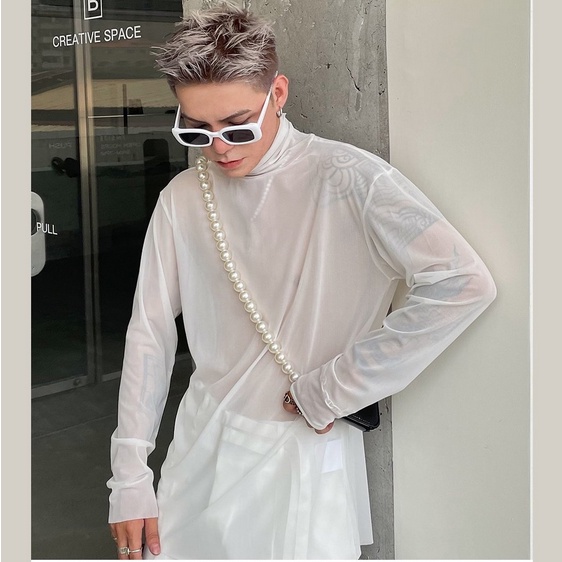 Áo thun nam voan cổ lọ tay dài xuyên thấu sexy