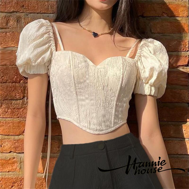 Hannie-áo Croptop Tay Ngắn Phồng Cổ Buộc Dây Kiểu Cách Cho Nữ