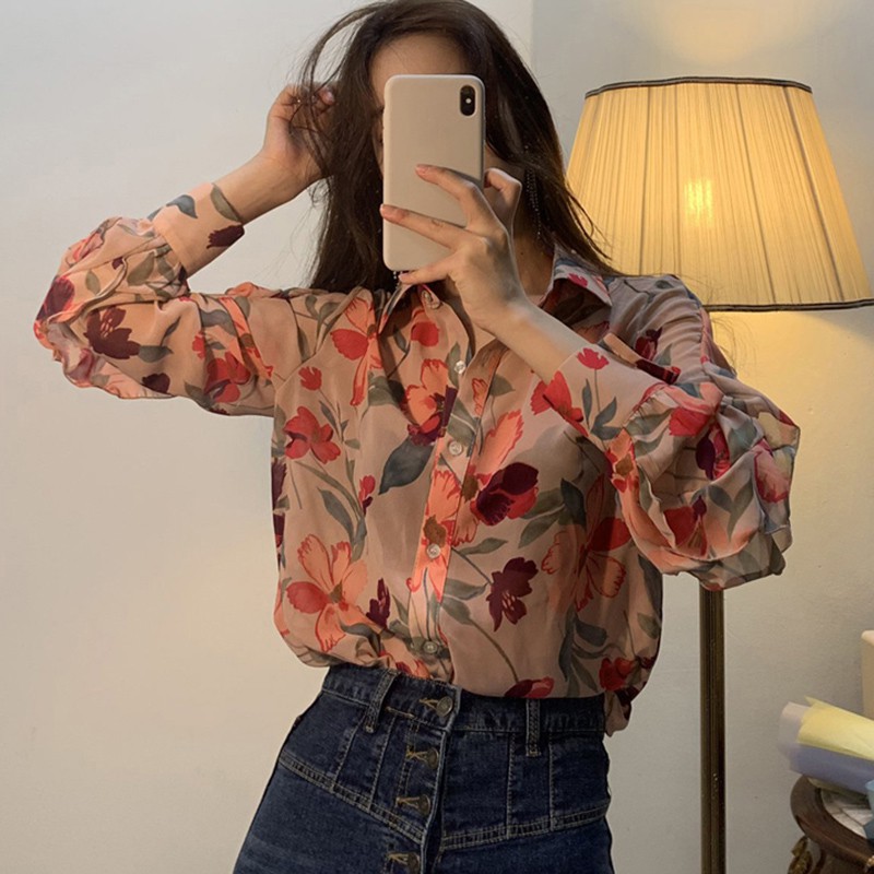 Thời Trang Áo Sơ Mi Voan Tay Dài Cổ Chữ V In Họa Tiết Hoa Quyến Rũ Trẻ Trung Cho Bạn Gái