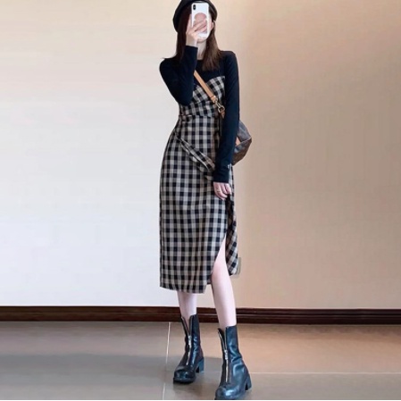 Đầm thu đông nữ thiết kế vạt chéo caro chát đẹp, form dài 2022