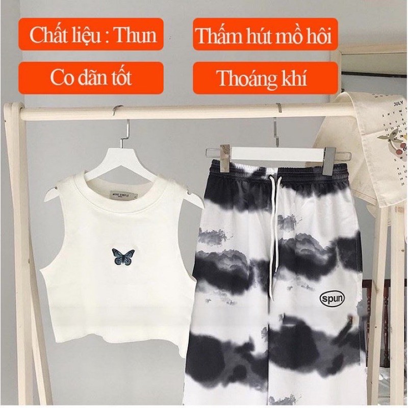 Áo Croptop 3 Lỗ Thêu Bướm Chất Cotton Mịn