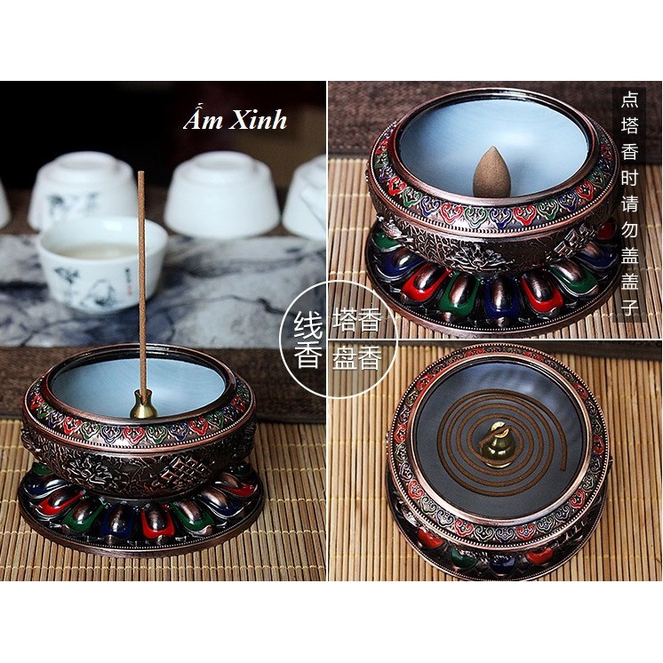 Lư Hương Xông Trầm Bằng Chất Liệu Hợp Kim Đồng Thân Khắc Hình Bát Bảo Cát Tường May Mắn