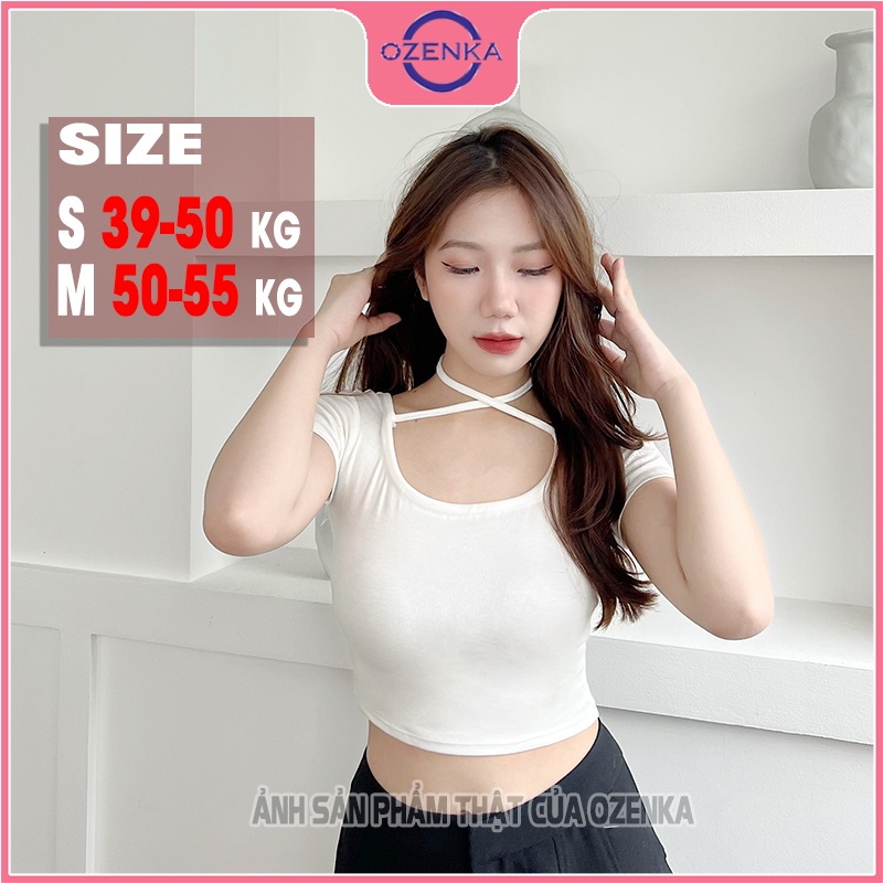 Áo croptop nữ cổ vuông tay ngắn kiểu sexy buộc dây ôm OZENKA , ao crt thun 100% cotton nhiều màu mặc trễ vai dưới 55 cân