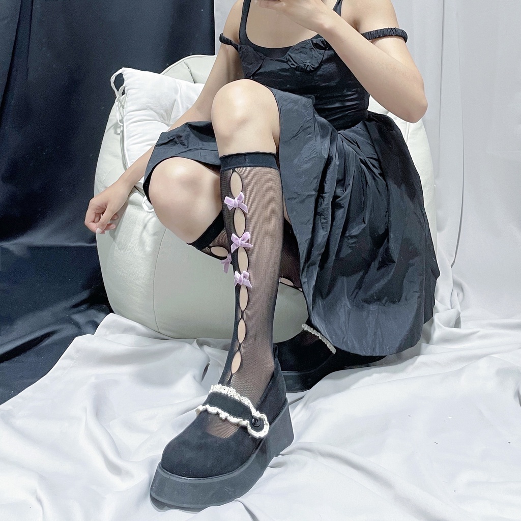 Vớ cao đến gối kiểu cắt rỗng phối nơ phong cách Lolita xinh xắn cho bé gái