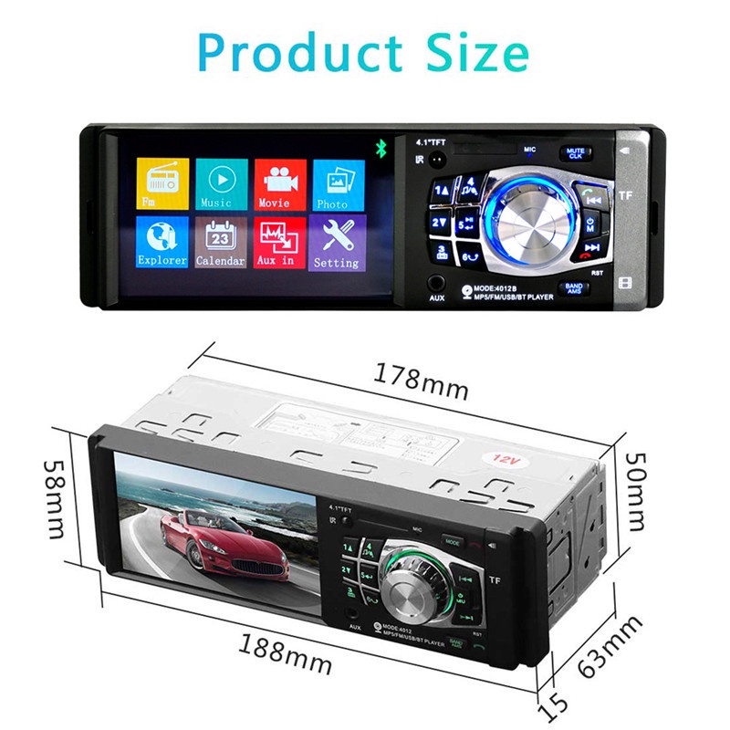 4012B 4.1 inch 1 Din Car Radio Auto Audio Stereo FM Bluetooth 2.0 Support Rear View Camera USB Steering Wheel Remote Control