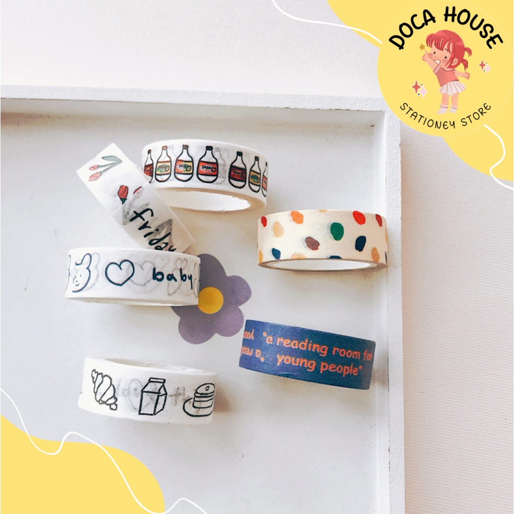 Cuộn Washi Tape Giấy 5M, Băng Dính Trang Trí Sổ Bullet Journal Dễ Thương
