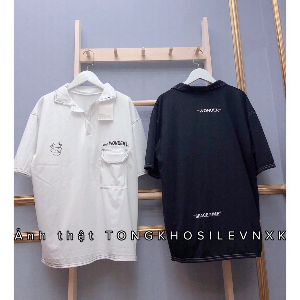 Áo Polo Đầu Bò Wonder Tay Lỡ Chỉ Nổi Viền Trắng - Áo Cổ Bẻ Dập Chỉ Nổi Đen Trắng Phong Cách Hàn Quốc