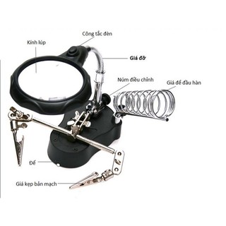 Kính lúp soi kẹp hàn mạch điện tử có đèn 2 led