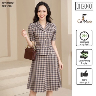 Đầm xòe peplum liền thân công sở CITI MODE caro nâu tây cổ ve tay lỡ DH3040 chất liệu cao cấp