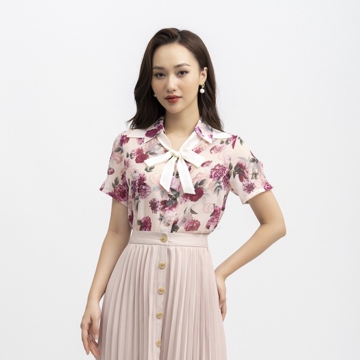 Áo sơ mi nữ công sở thiết kế họa tiết hoa hồng cổ phối màu buộc nơ FIONA F552215