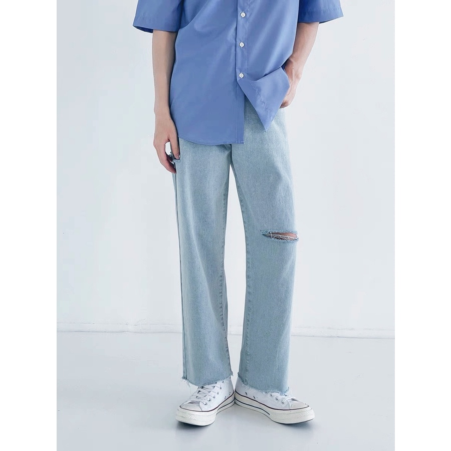 Quần Baggy Jean rách xanh nhạt ống suông