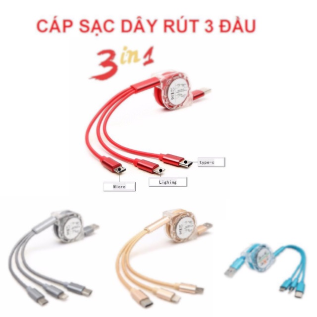 Dây sạc rút 3 đầu TypeC /Micro /iphone