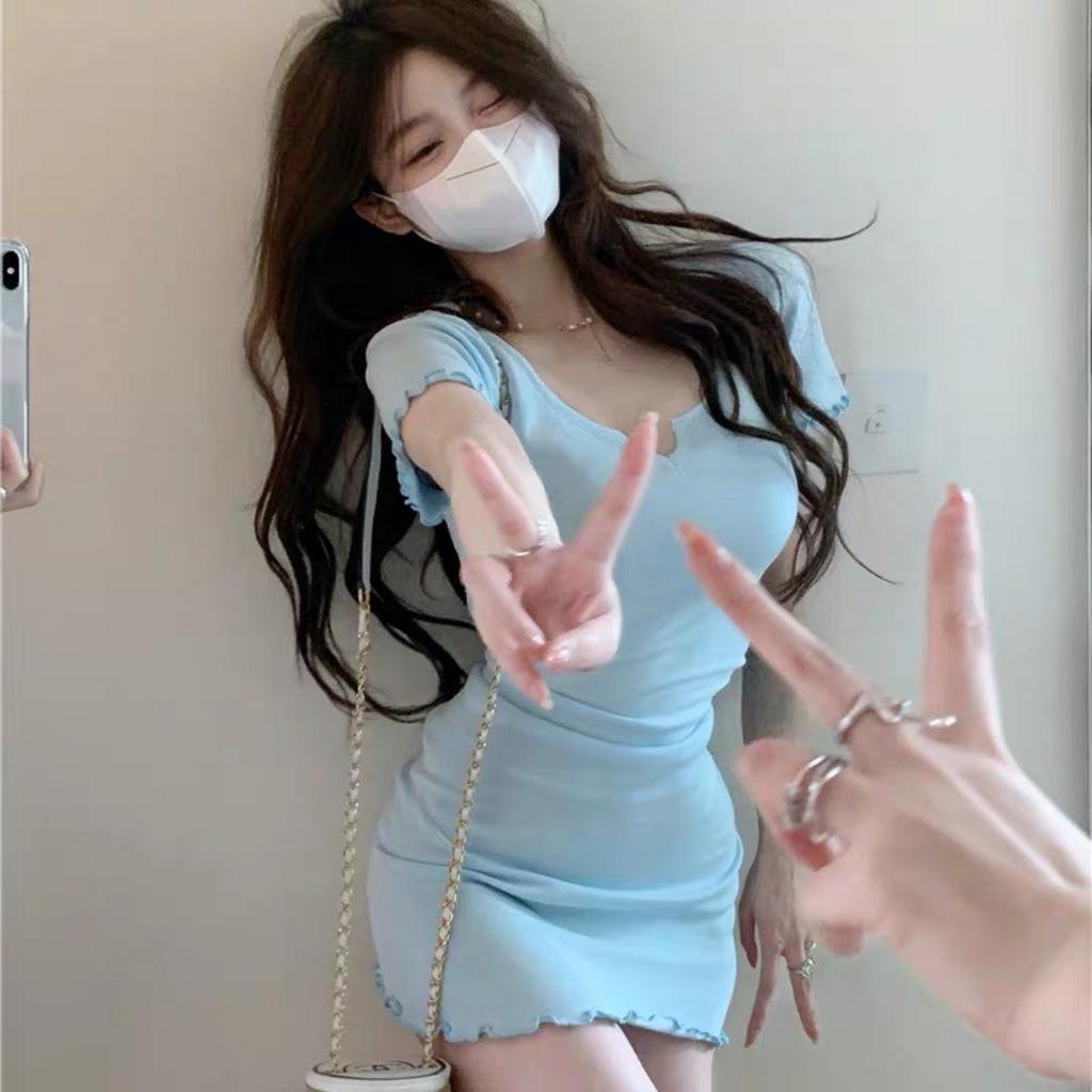 Đầm body nữ dáng ngắn cổ xẻ V cuốn viền biên V10 tạo kiểu dễ thương phong cách Hàn Quốc Freesize Mới Nhất