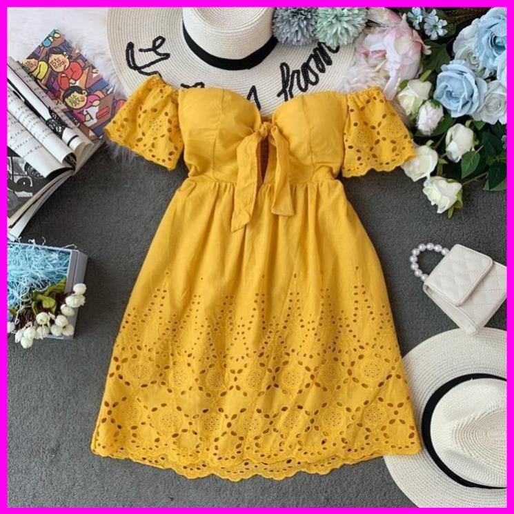 Đầm ngắn tay có đệm ngực Một bên vai cotton thêu hai dây ren-up thời trang