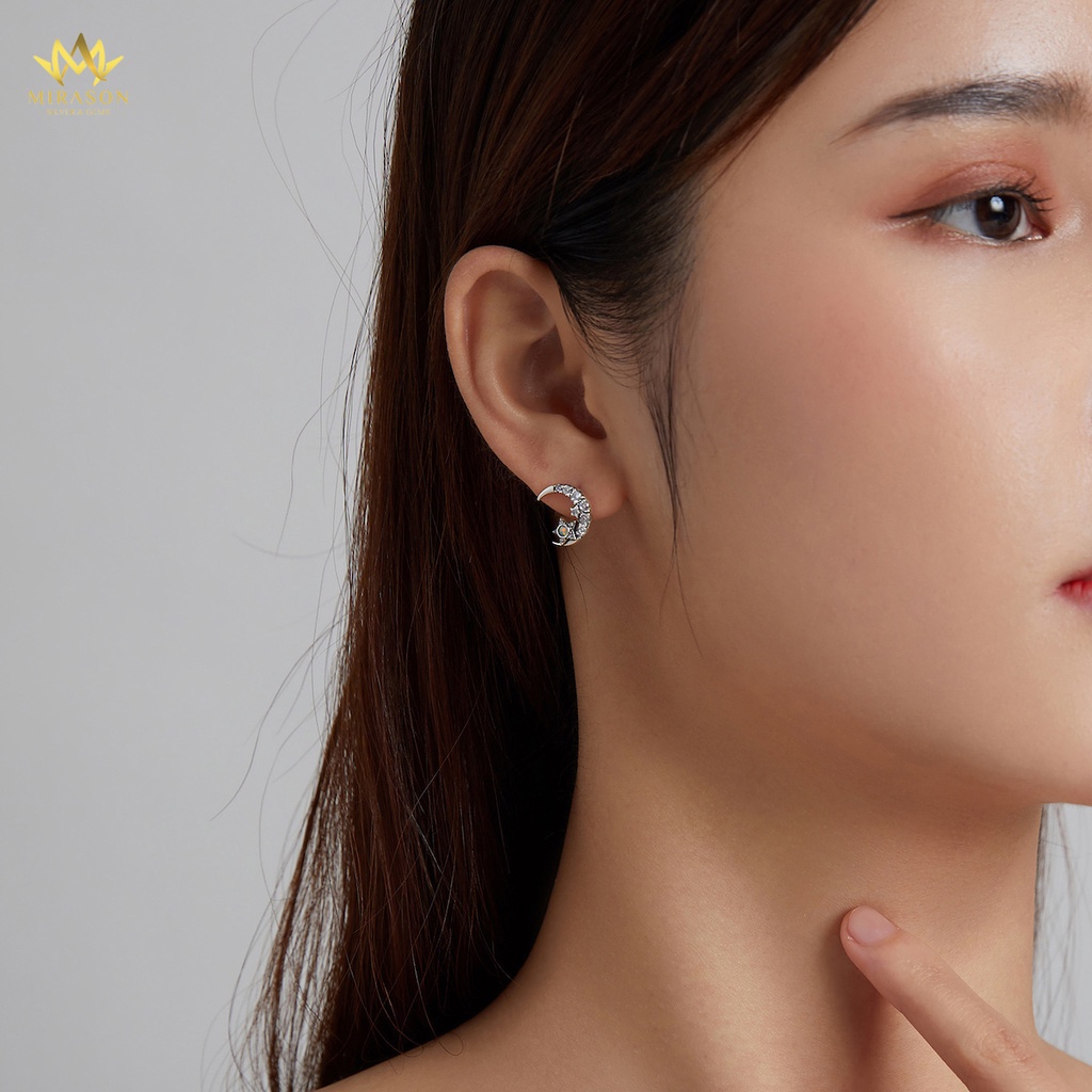 Khuyên Tai Bạc Nữ MIRASON Trăng Sao Đính Đá Xanh Trắng Lấp Lánh MBT257 - Bông Tai Nữ Bạc 925 Cao Cấp