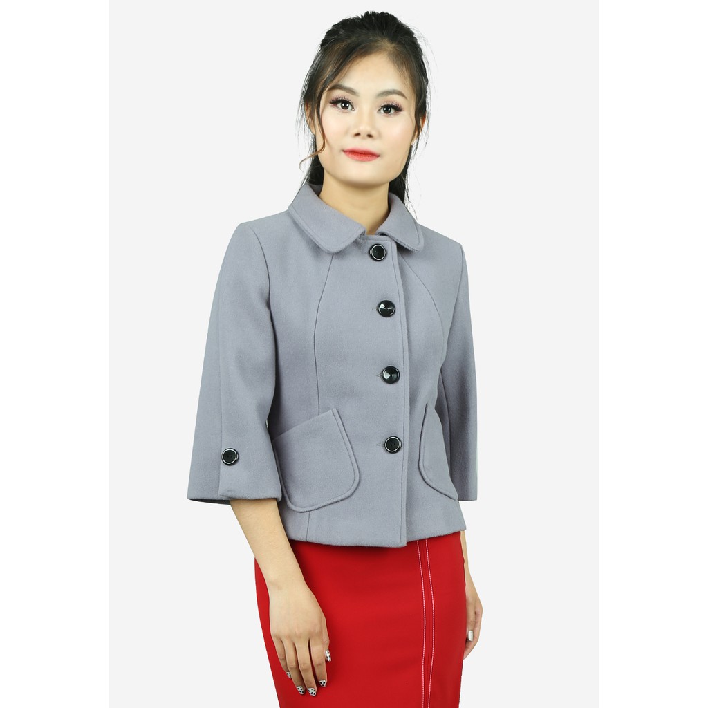 Áo khoác dạ dáng ngắn 2 lớp tay lỡ dạ len ghi hai túi ốp chéo The One Fashion AVB0751GH