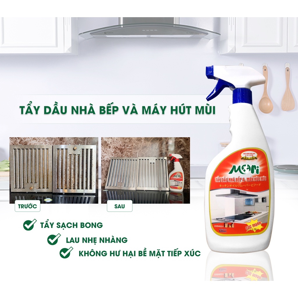 Tẩy dầu mỡ nhà bếp, tẩy dầu mỡ máy hút mùi MORI siêu sạch tiện lợi an toàn - 650ML_CHÍNH HÃNG 100%