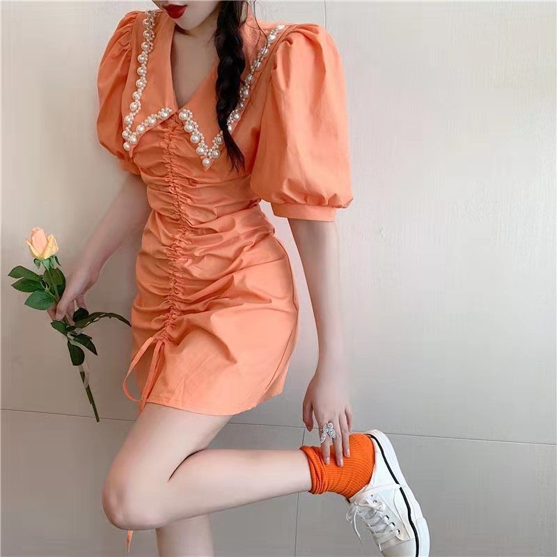 Đầm Tay Phồng Cổ Bẻ Đính Ngọc Trai Phong Cách Pháp Thời Trang Mùa Hè Cho Nữ