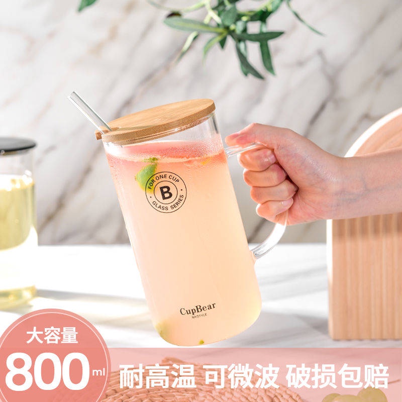 ly thủy tinh Cốc Thủy Tinh Đựng Nước Trái Cây/Nước Ép Dung Tích Lớn 800ml Có Tay Cầm Chịu Nhiệt Độ Cao Dùng Được Trong Lò Vi Sóng