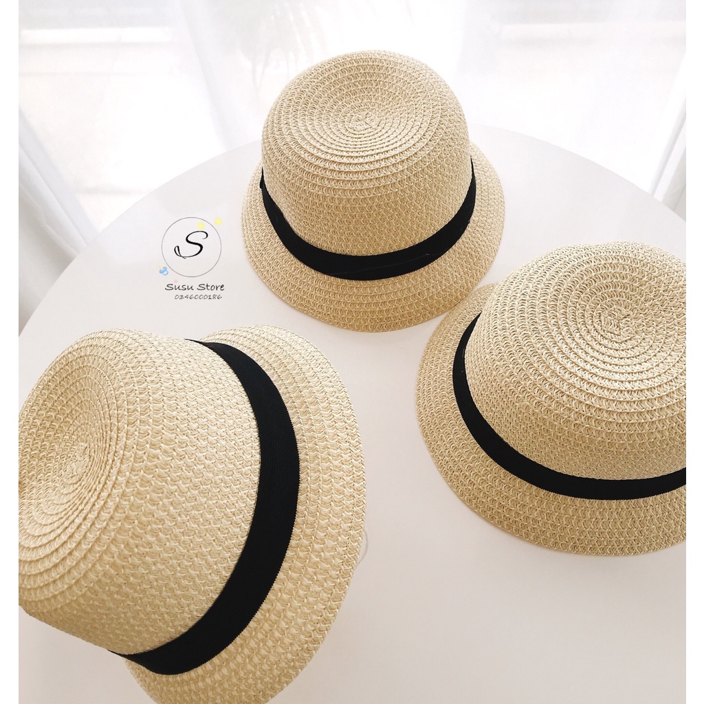 Mup 128: Mũ cói đai đen cho bé từ 9m-36m