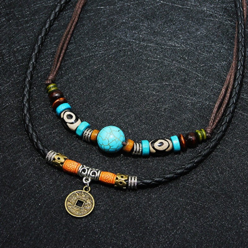Vòng Cổ Dây Da Hai Lớp Mặt Răng Sói Nhân Tạo Phong Cách Bohemian Cổ Điển Với Hạt Ngọc Lam/Đồng Xu
