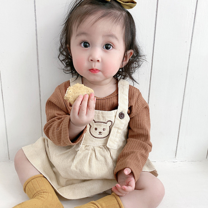 Set Áo Thun Tay Dài Phối Váy Yếm Đáng Yêu Cho Bé Gái 0-3 Tuổi