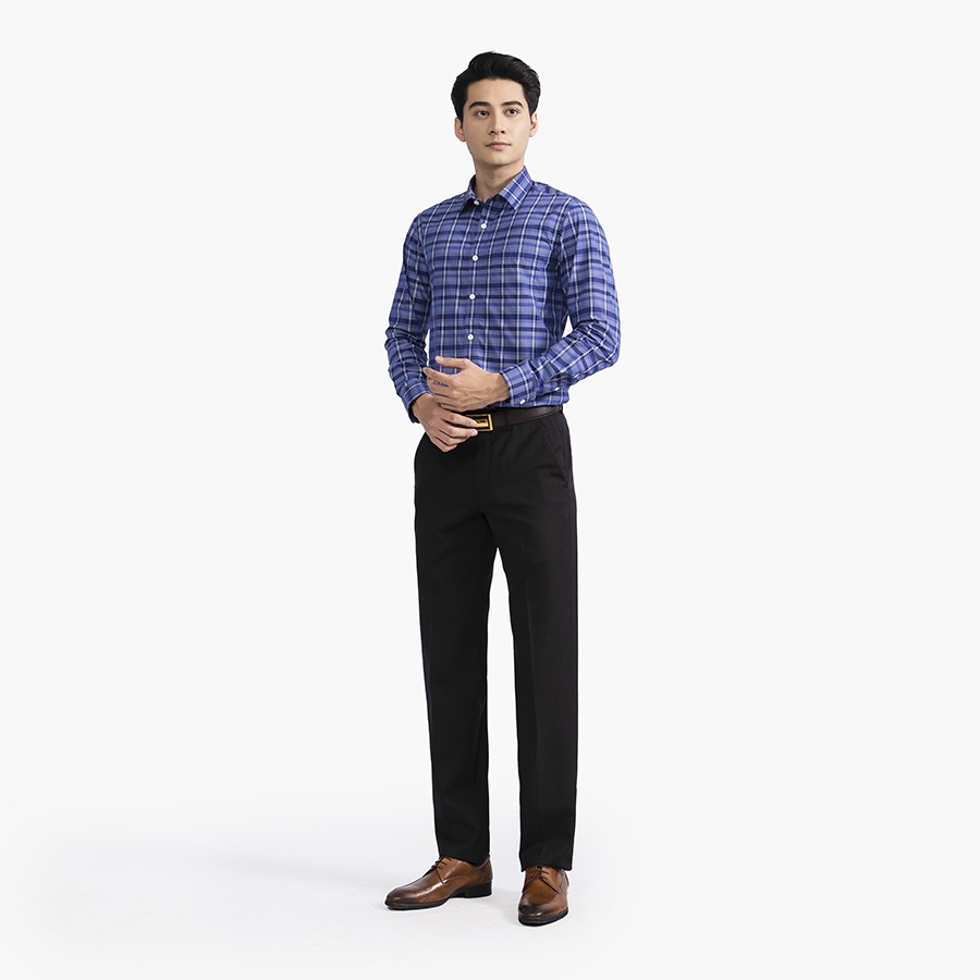 Áo sơ mi nam dài tay ARISTINO ALS40902 somi công sở vải sợi sồi cao cấp màu xanh kẻ dệt dáng suông tà lượn có túi