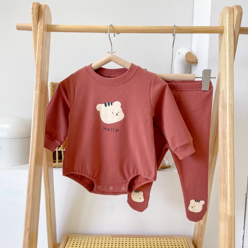Bộ Áo Liền Quần Bằng Cotton Tay Dài In Họa Tiết Động Vật Dễ Thương + Quần Dài Thời Trang Cho Bé Sơ Sinh 0-2 Tuổi