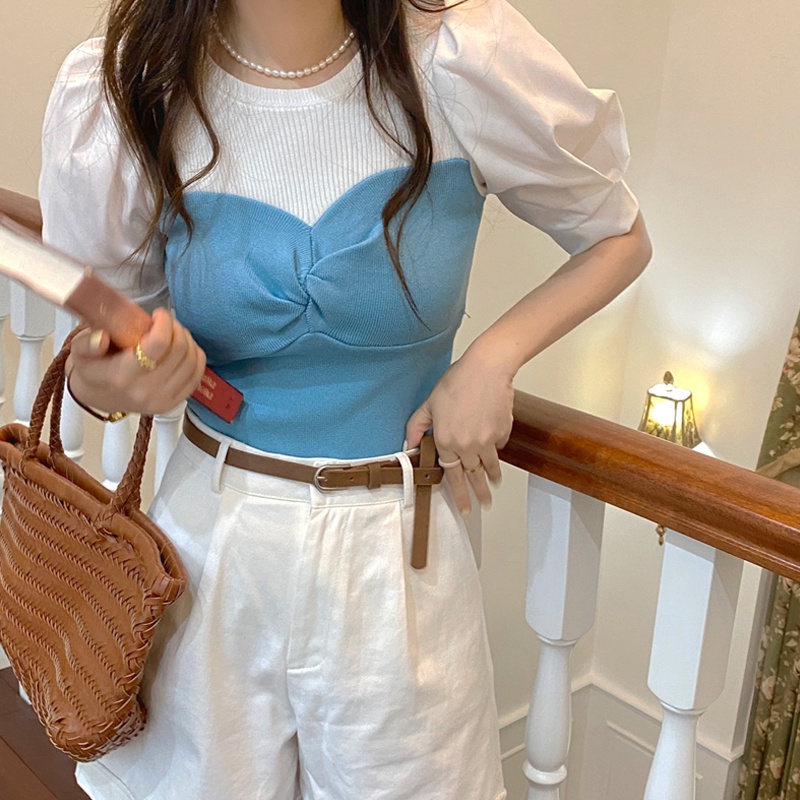 【Hana and Alice】Áo Thun Tay Ngắn Phồng Giả Hai Lớp Phong Cách Pháp Thời Trang Mùa Hè 2023 Mới Cho Nữ