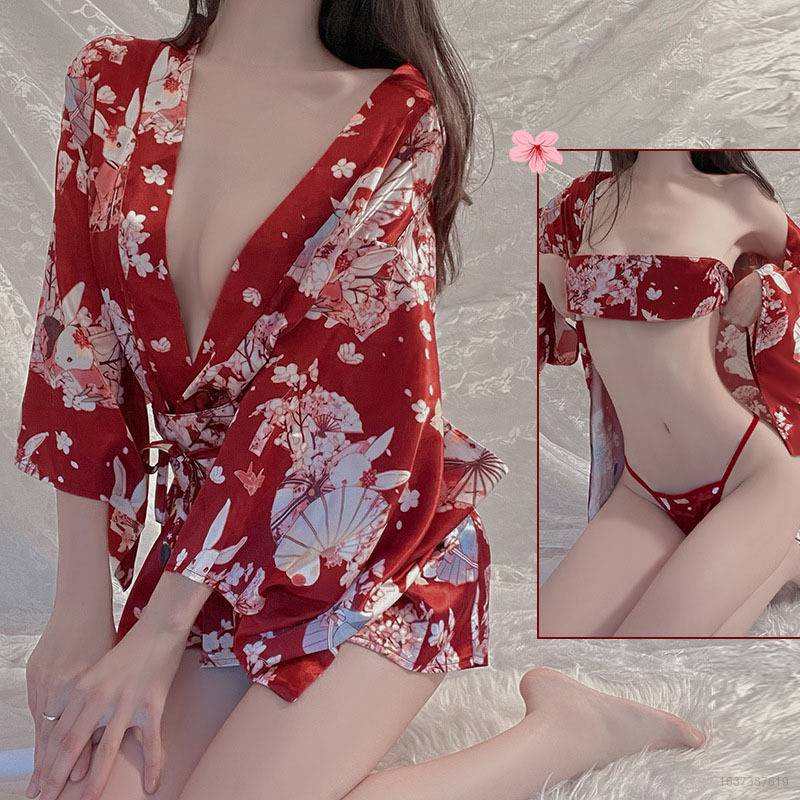 Bộ đồ ngủ kimono in hoa cổ chữ V sâu phong cách Nhật Bản quyến rũ cho nữ