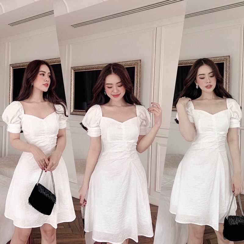 Đầm thiết kế trắng tay phồng nhíu thân may 2 lớp đi làm, đi học lịch sự